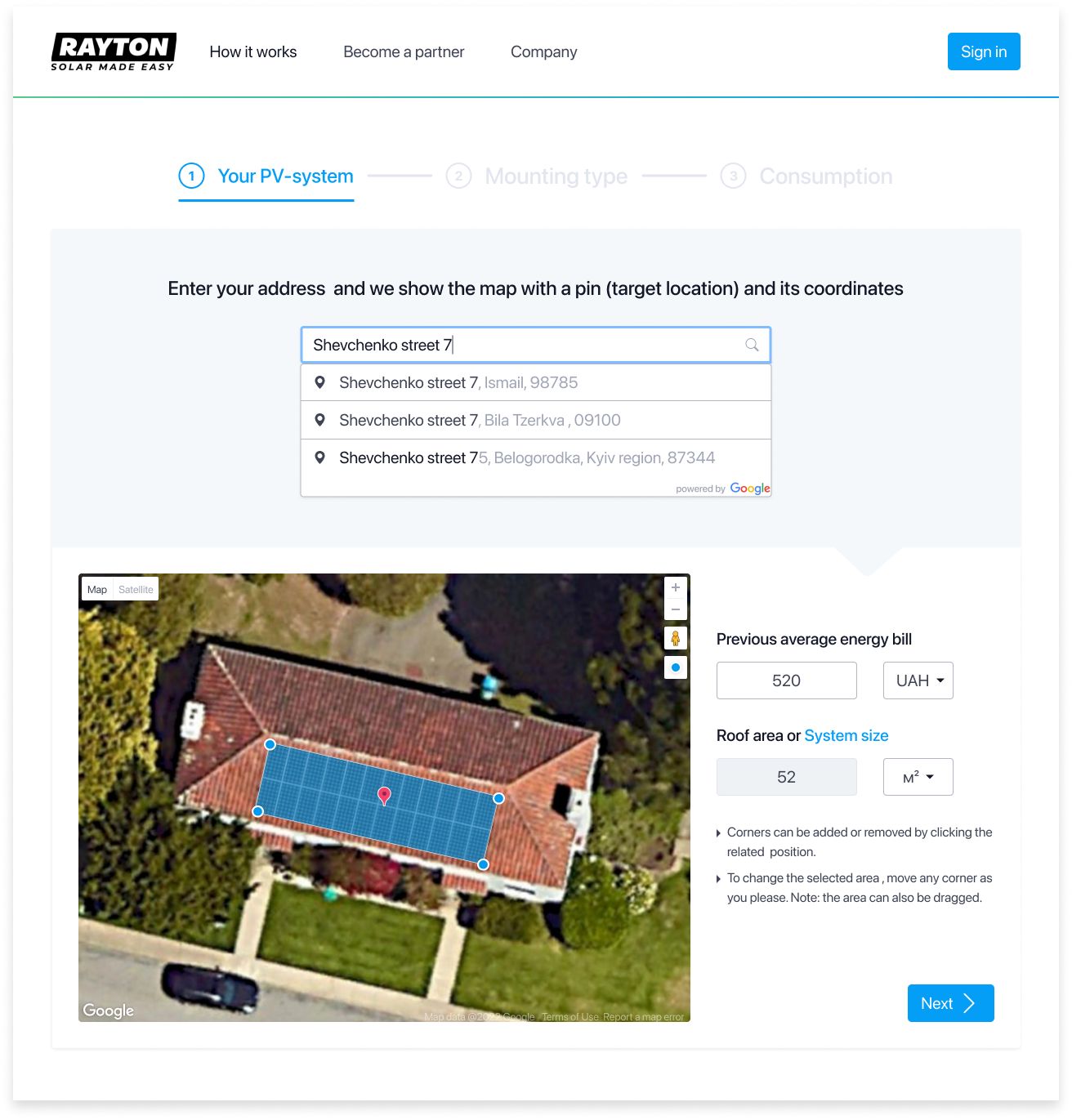 Address search for solar panel installation