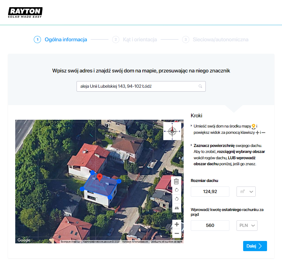 Przykład obliczenia powierzchni dachu.